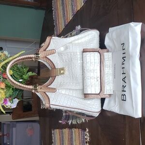 Brahmin White and Tan Croc-Embossed Hobo with Wallet